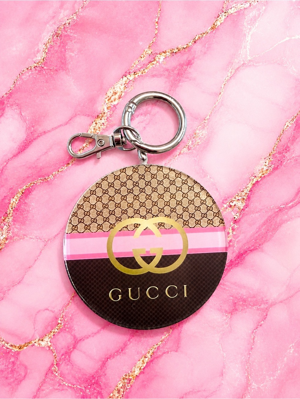 Double Sided GG Style Bag Charm Keychain Pink Brown Handmade